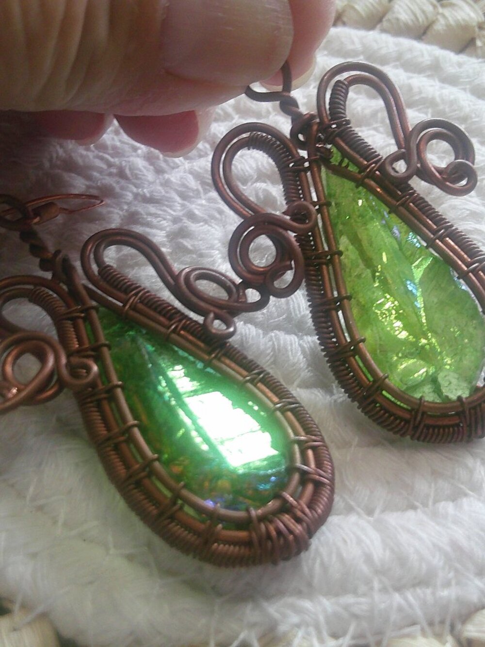 Unique GREEN TITANIUM COPPER WIRE WRAPPED Dangle Earrings #283F